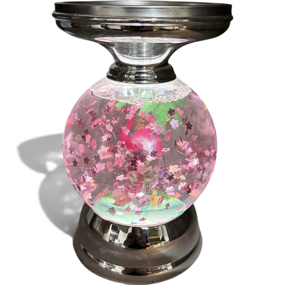 Bath & Body Works Flamingo Water Globe 3-Wick Candle Holder Silver Pink Glitter